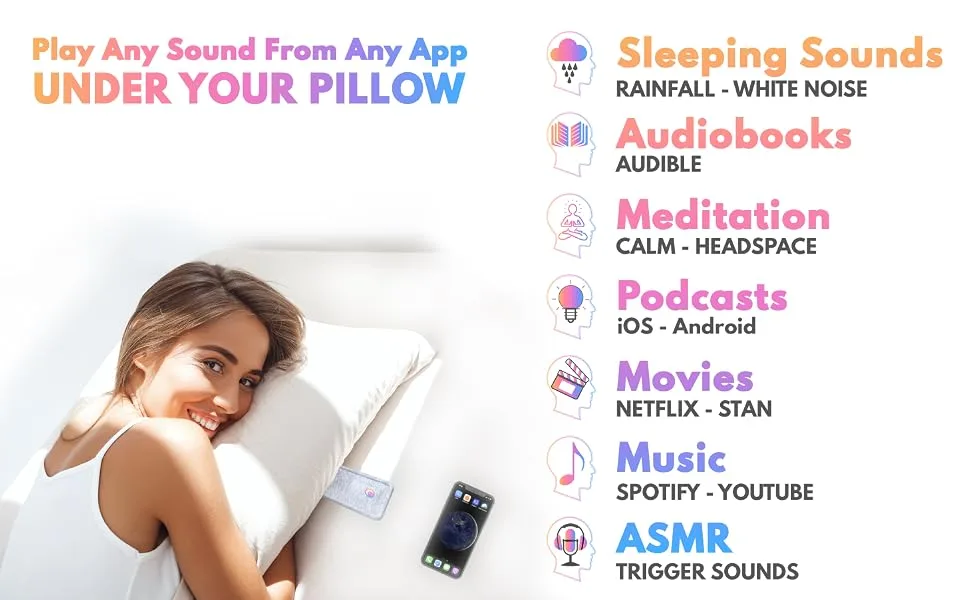 Drowsie Pillow Speaker Enjoy Going to Sleep & Wake Up Refreshed, Invigorated & Energized - Perfect for Sleeping Sounds, Meditation, Audiobooks from Apps Like: Calm, Headspace, Spotify, Audible - Flexi Grey - Play Any Sleeping Sound From Any Sleeping Or Meditation App Calm Headspace Spotify Audible Youtube