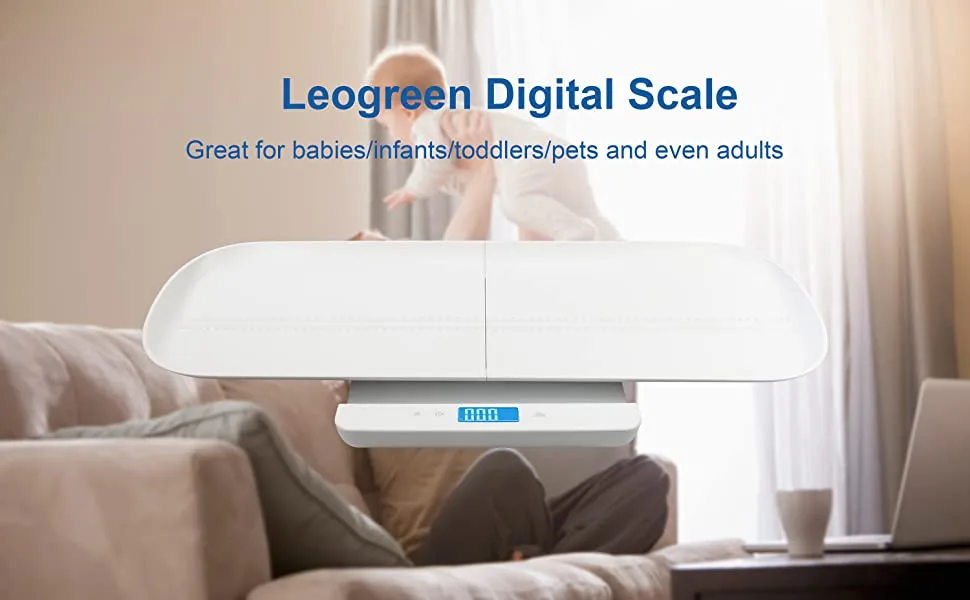 Leogreen Baby Scale, Multi-Function Digital Scale with Hold Function, 2 in 1 Toddler and Pet Scale, Blue Backlight, Height Track with Measuring Tape (Max: 59inch) and Weight (220lbs) - baby digital scale