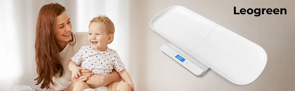 Leogreen Baby Scale, Multi-Function Digital Scale with Hold Function, 2 in 1 Toddler and Pet Scale, Blue Backlight, Height Track with Measuring Tape (Max: 59inch) and Weight (220lbs) - baby digital scale