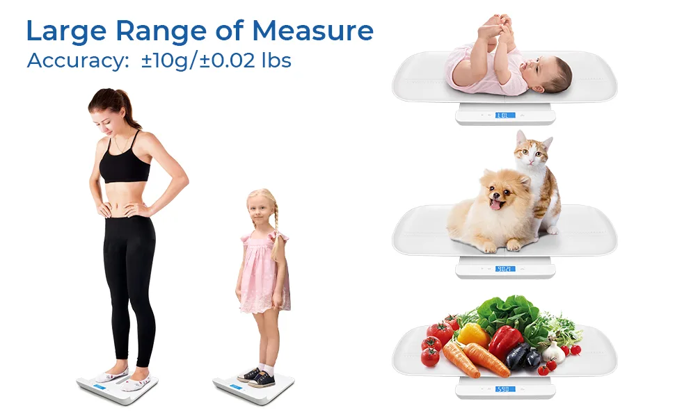 Leogreen Baby Scale, Multi-Function Digital Scale with Hold Function, 2 in 1 Toddler and Pet Scale, Blue Backlight, Height Track with Measuring Tape (Max: 59inch) and Weight (220lbs) - baby digital scale