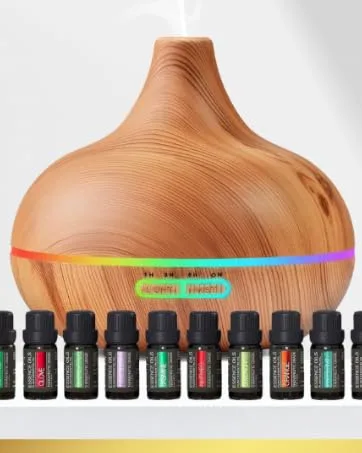 Aromatherapy Essential Oil Diffuser Gift Set - 400ml Ultrasonic Diffuser with 20 Essential Plant Oils - 4 Timer & 7 Ambient Light Settings - Therapeutic Grade Essential Oils Light Wood Diffuser + 20 Essential Oils - aroma holiday