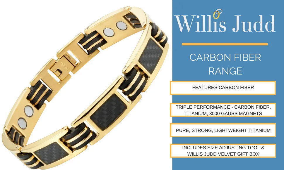 Willis Judd Carbon Fiber Titanium Magnetic Bracelet Gold Tone Size Adjusting Tool and Gift Box Included - product information 2