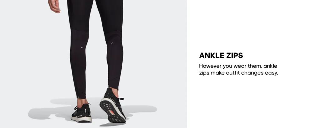 adidas Men's Own The Run Tights Large Black/Reflective Silver - Image collage with text next to a close-up shot of Adidas clothing