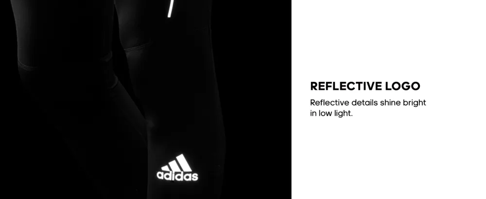 adidas Men's Own The Run Tights Large Black/Reflective Silver - Image collage with text next to a close-up shot of Adidas clothing