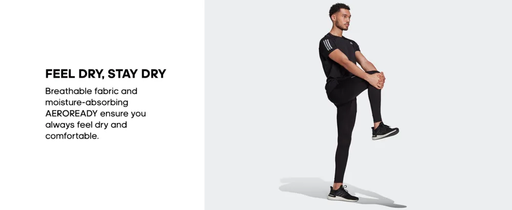 adidas Men's Own The Run Tights Large Black/Reflective Silver - Image collage with text next to a photograph of a male model wearing Adidas clothing