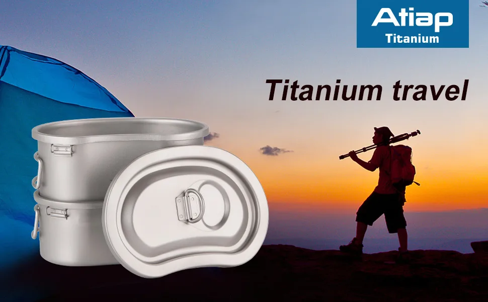 ATiAP Titanium Canteen Mess Kit with Folding Handle Hanging Ring Ultralight Portable for Lunch Outdoor Camping Hiking - TItanium