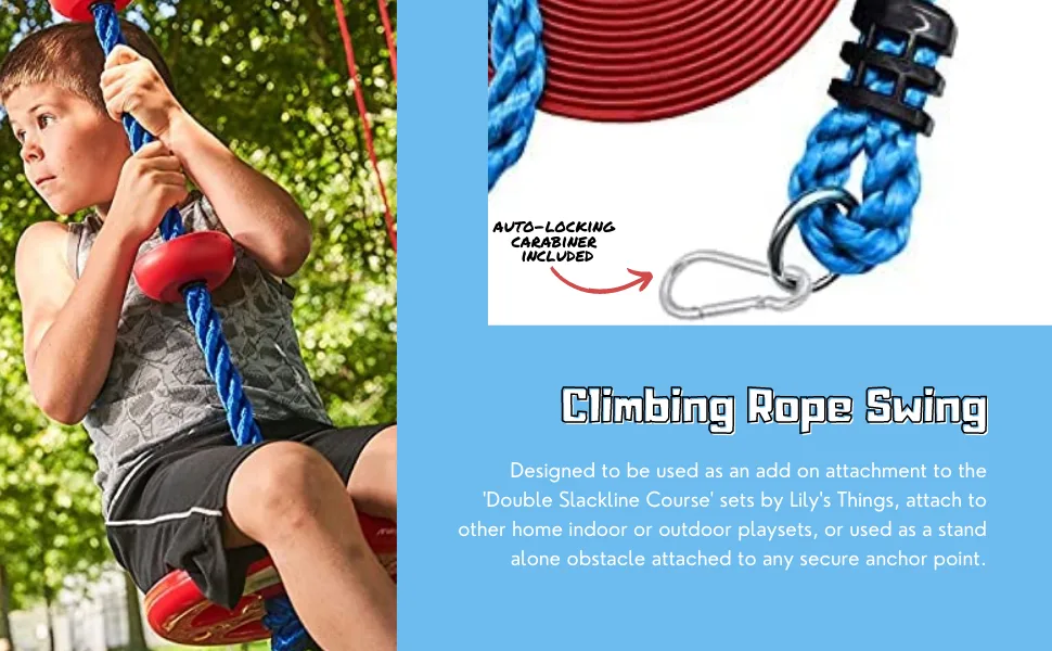 Lily's Things Climbing Rope Swing for Kids | Ninja Warrior Accessories for Double Slackline Obstacle Course | Easy Attachment to Most Any Home Playground Equipment Sets - climbing rope for playset