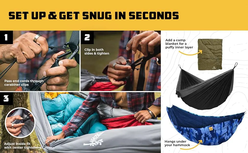 Wise Owl Outfitters Hammock Underquilt for Camping Hammock - Insulated Synthetic Underquilt for Single and Double Hammocks Grey - set up