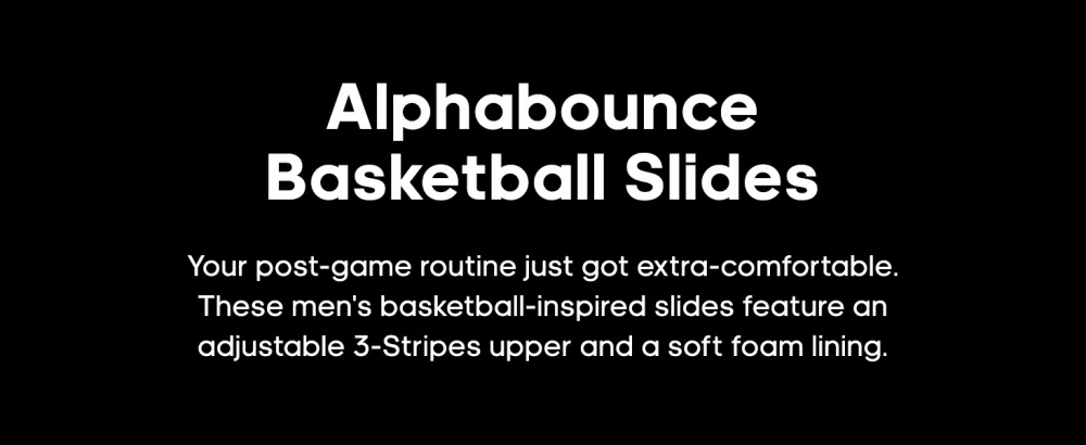 adidas Men's Alphabounce Slide 12 Black/Black - Text over a black background: Alphabounce Basketball Slides