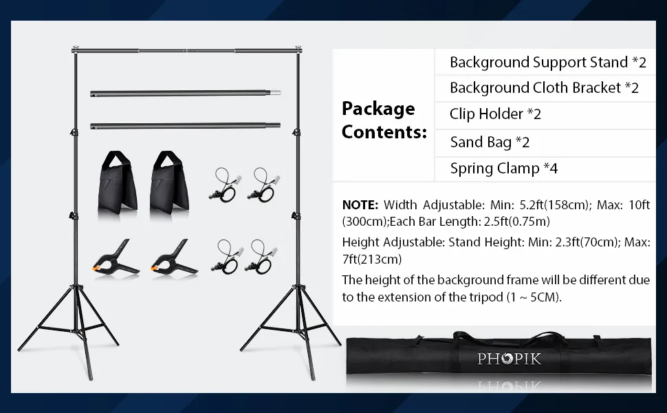 PHOPIK Photo Studio Backdrop Stand, 10ft Adjustable Photo Background Holder, Back Drop Banner Stand Support System Kit for Portrait & Studio Photography, Birthday Party - product information 6