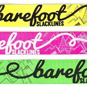 Barefoot Slackline 50ft (15m) Kit! Complete Set Including Slackline, Ratchet, Training Line, Bark Protectors & Instructions! 3 Colors Available Neon Green - 3 bright colors