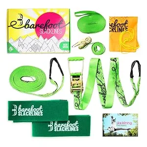 Barefoot Slackline 50ft (15m) Kit! Complete Set Including Slackline, Ratchet, Training Line, Bark Protectors & Instructions! 3 Colors Available Neon Green - The most complete set available