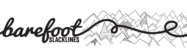 Barefoot Slackline Kit 60ft (18m) Complete Set Including, Ratchet, Training Line, Bark Protectors & Instructions! Designed for Both Kids & Adults - 3 Colors Available (Azure Blue) - Barefoot slackline logo, stylized mountain range background