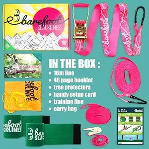 Barefoot Slackline Kit 60ft (18m) Complete Set Including, Ratchet, Training Line, Bark Protectors & Instructions! Designed for Both Kids & Adults - 3 Colors Available (Azure Blue) - Overhead image of everything that comes in the Barefoot Slackline box