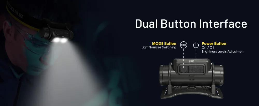 Nitecore NU50 1400 Lumen Headlamp, USB-C Rechargeable Lightweight Long Runtime for Camping, Running or Work, with Red Light and Lumentac Organizer - Highlighting the dual button interface on the NU50