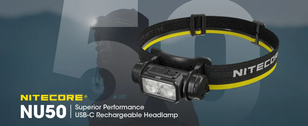 Nitecore NU50 1400 Lumen Headlamp, USB-C Rechargeable Lightweight Long Runtime for Camping, Running or Work, with Red Light and Lumentac Organizer - Nitecore NU50 Headlamp Banner