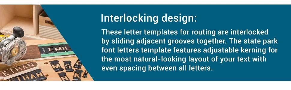 Rockler Router Letter Template Set (1-1/2H - 99 Pieces)  State Park Font Letter Router Template  Interlocking Sign Making Templates w/ Letters, Numbers, & More - Interlock Signmaker's Templates - product information 5