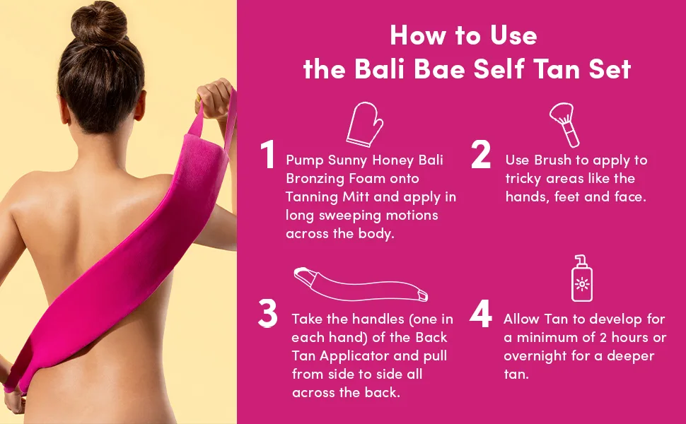 Coco & Eve Bali Bae Self Tan Set (Medium). All Natural Sunless Tanning Mousse. Instant Self Tanning Lotion with Bronzer, Mitt Applicator, Kabuki Brush and Back Applicator for Flawless Application and Bronze. - stain free bronze mitten olive