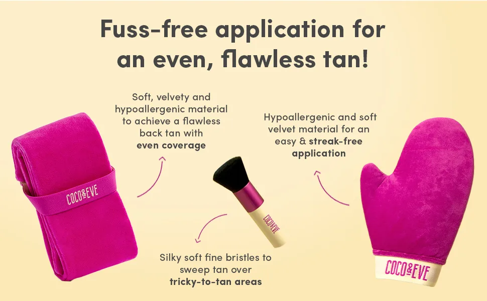 Coco & Eve Bali Bae Self Tan Set (Medium). All Natural Sunless Tanning Mousse. Instant Self Tanning Lotion with Bronzer, Mitt Applicator, Kabuki Brush and Back Applicator for Flawless Application and Bronze. - sunless tanning paradise bronzing glow back flawless legs gradual feet mitt