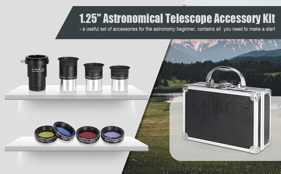 Celticbird Astronomical Telescope Accessory Kit - with 3pcs Plossl Eyepieces Set, 4pcs Filter Set, a 2X Barlow Lens 8Piece - product information 1