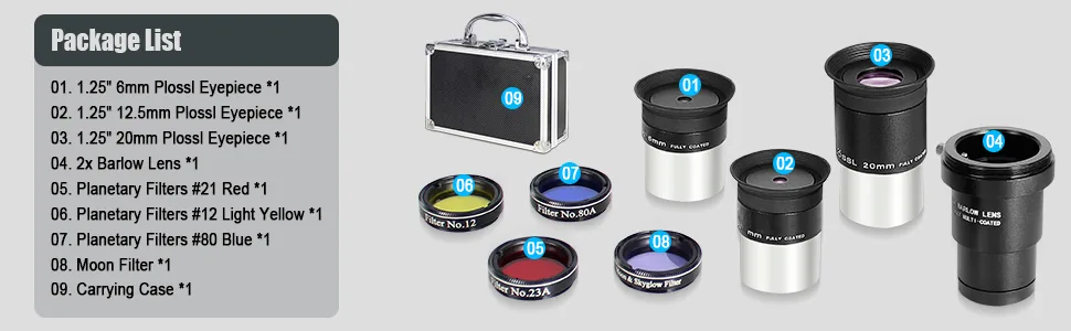 Celticbird Astronomical Telescope Accessory Kit - with 3pcs Plossl Eyepieces Set, 4pcs Filter Set, a 2X Barlow Lens 8Piece - product information 2