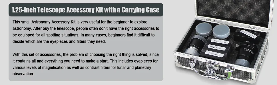 Celticbird Astronomical Telescope Accessory Kit - with 3pcs Plossl Eyepieces Set, 4pcs Filter Set, a 2X Barlow Lens 8Piece - product information 3