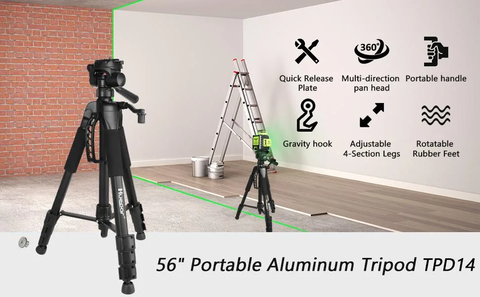 Huepar Lightweight TPD14 56" Adjustable Laser Level Tripod with 3-Way Swivel Pan Head, Quick Release Plate with 1/4" Screw Mount, Bubble Level, Multi-Function Hook and 5/8" UNF Adapter Nut - product information 15