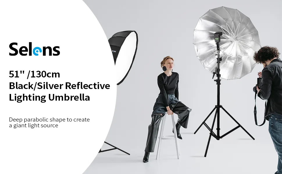 Selens 51 Inch Diameter Photo Umbrella Double Layer Black/Silver Reflective Lighting Umbrella for Contrast, Concentrative Light U51-R - Reflective Lighting Umbrella