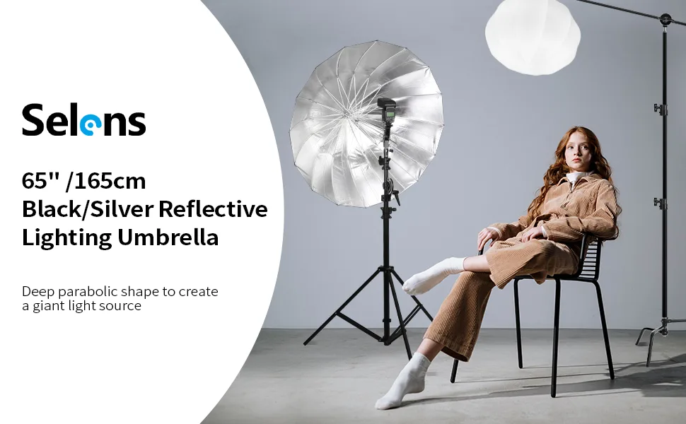 Selens 65 Inch Diameter Photography Studio Umbrella, Black/Silver Reflective Lighting Umbrella for Flash Light and Location Shoots U65-R - Reflective Lighting Umbrella