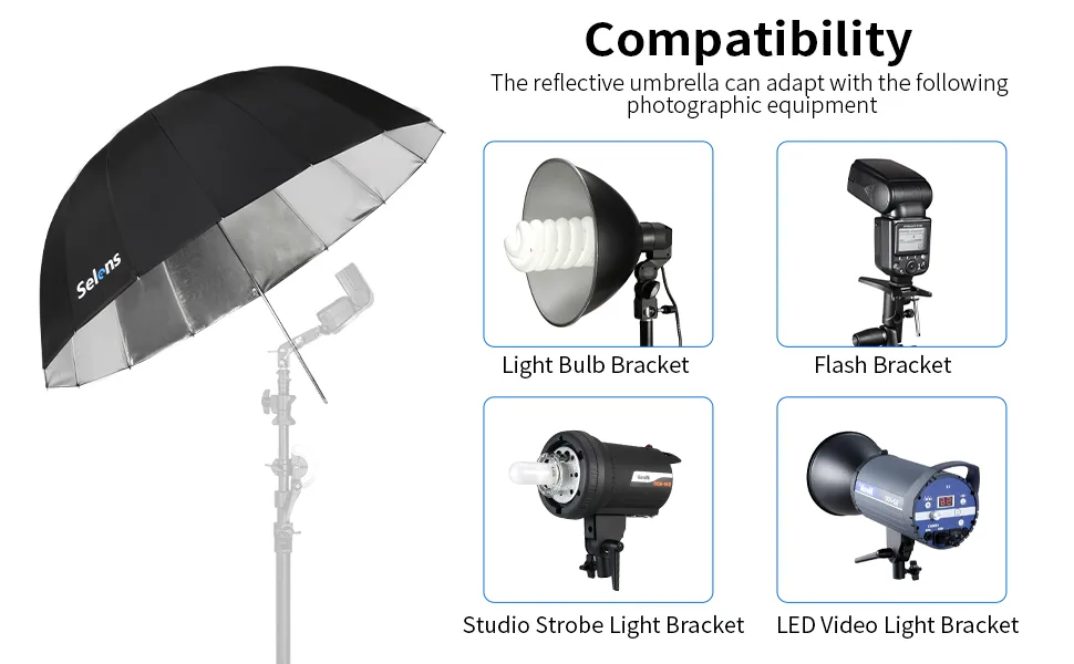 Selens 65 Inch Diameter Photography Studio Umbrella, Black/Silver Reflective Lighting Umbrella for Flash Light and Location Shoots U65-R - Reflective Lighting Umbrella