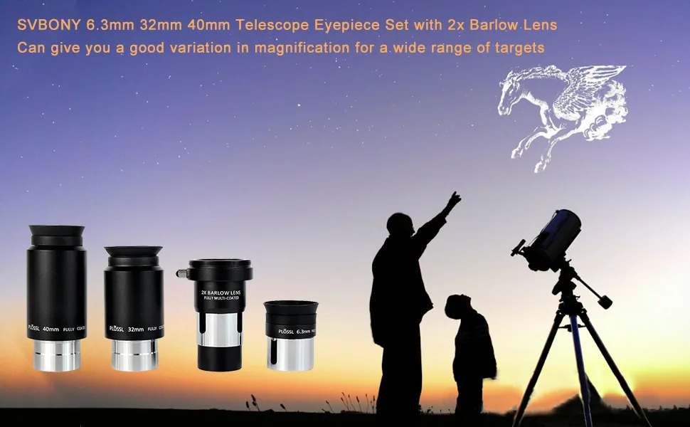 SVBONY Telescope Eyepiece Set Telescope Accessory Kit with 2X Barlow Lens 4 Element Plossl Design 6.3mm 32mm 40mm for Astronomical Telescopes - barlow lens telescope eyepiece 2x barlow lens 1.25 barlow lens