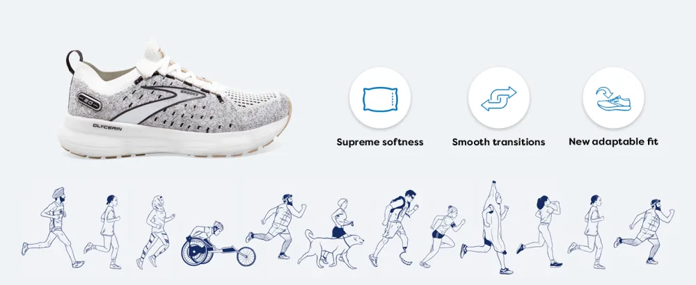 Brooks Womens Glycerin StealthFit 20 Neutral Running Shoe White/Black/Cream 8 - brooks