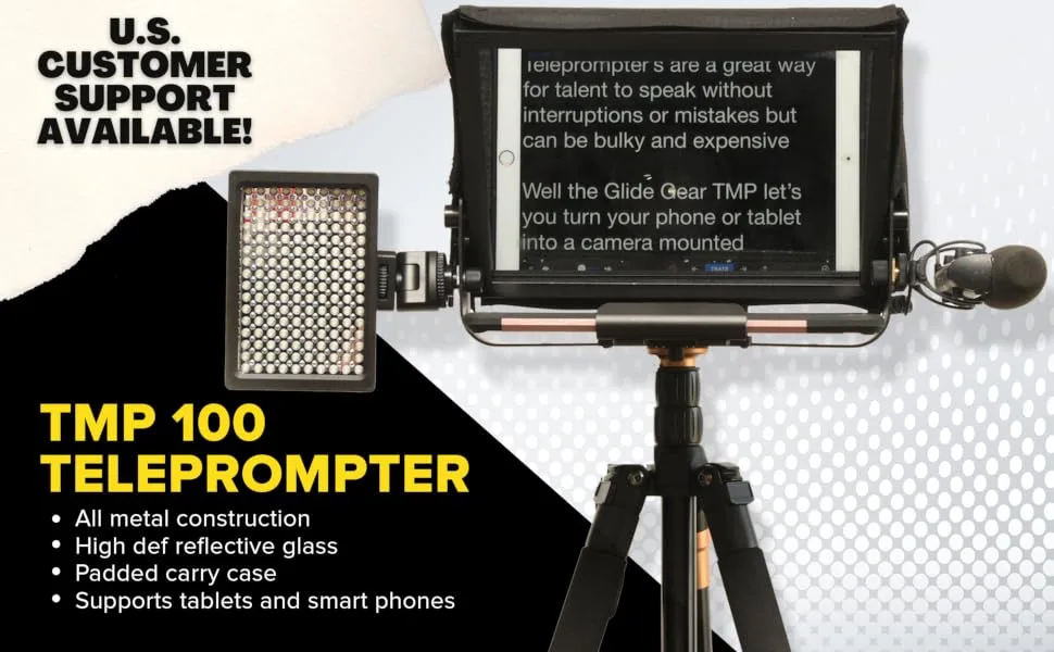 Glide Gear V2 Tablet Professional All Metal Teleprompter - Glide Gear TMP 100 teleprompter with accessories