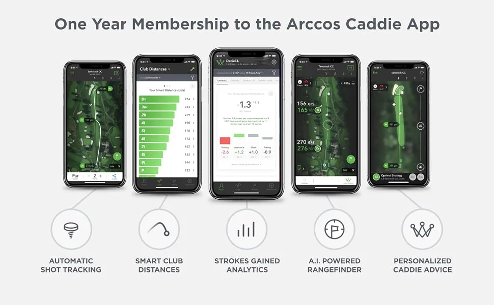 Golf's Best On Course Tracking System Featuring The First-Ever A.I. Powered GPS Rangefinder Gen 3+ Smart Sensors - One year membership to the Arccos Caddie App