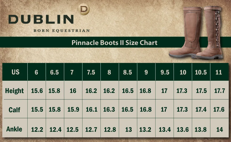 Dublin Pinnacle Boots II 7.5 Chocolate - Size chart for the pinnacle boots
