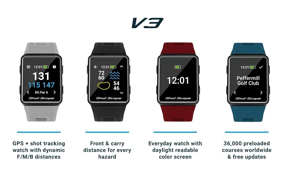 Shot Scope V3 GPS Golf Watch - Automatic Shot Tracking - F/M/B + Hazard Distances - Strokes Gained - iOS and Android Apps - 100+ Statistics, 36,000+ Pre-Loaded Worldwide Courses - No Subscriptions Black - About Shot Scope V3 products