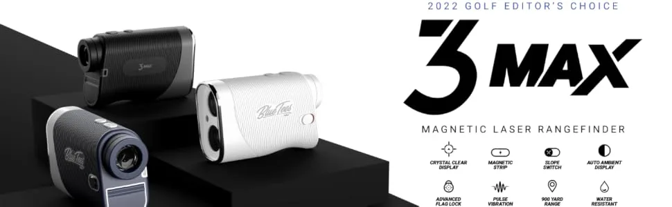 Blue Tees Golf - Series 3 Max with Laser Rangefinder with Slope Switch - 900 Yards Range, Slope Measurement, Magnetic Strip, Ambient Display, Flag Lock with Pulse Vibration, 7X Magnification Black - Series 3 Max Blue Tees Golf