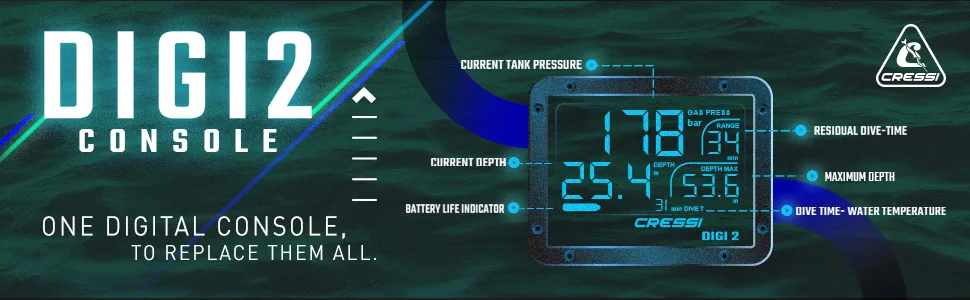 Cressi Scuba Diving Pressure Gauge and Depth Gauge - Easy to Read and Carry - Digi2: Designed in Italy Blue - DIGITAL CONSOLE, CRESSI DIGITAL CONSOLE, SCUBA DIVING GEAR, SCUBA DIVING CONSOLE, CRESSI GEAR
