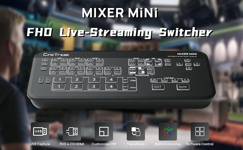 Cinetreak Mixer Mini Multi-Format Video Mixer Switcher 4 HDMI Inputs with USB 3.0 Video Capture PIP Chroma key Live Streaming Video Switcher - Cinetreak Mixer mini livestreaming video mixer switcher