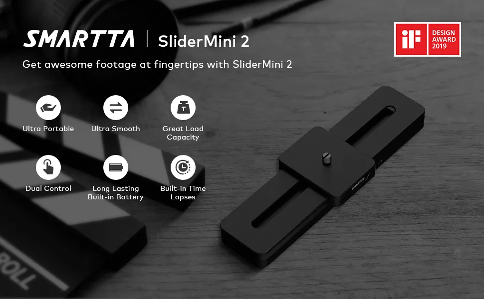 Smartta SliderMini 2 Motorized Camera Slider. Ultra Smooth & Portable. App or Manual Button Control. Video/Time Lapses/Stop Motion/Loop Mode/Curve Mode. 20cm/8 Travel Length. Loading up to 33LB. - product information 1