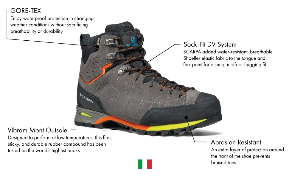 SCARPA Men's Zodiac Plus GTX Waterproof Gore-Tex Boots for Backpacking and Hiking 10.5 Shark/Orange - Call-outs