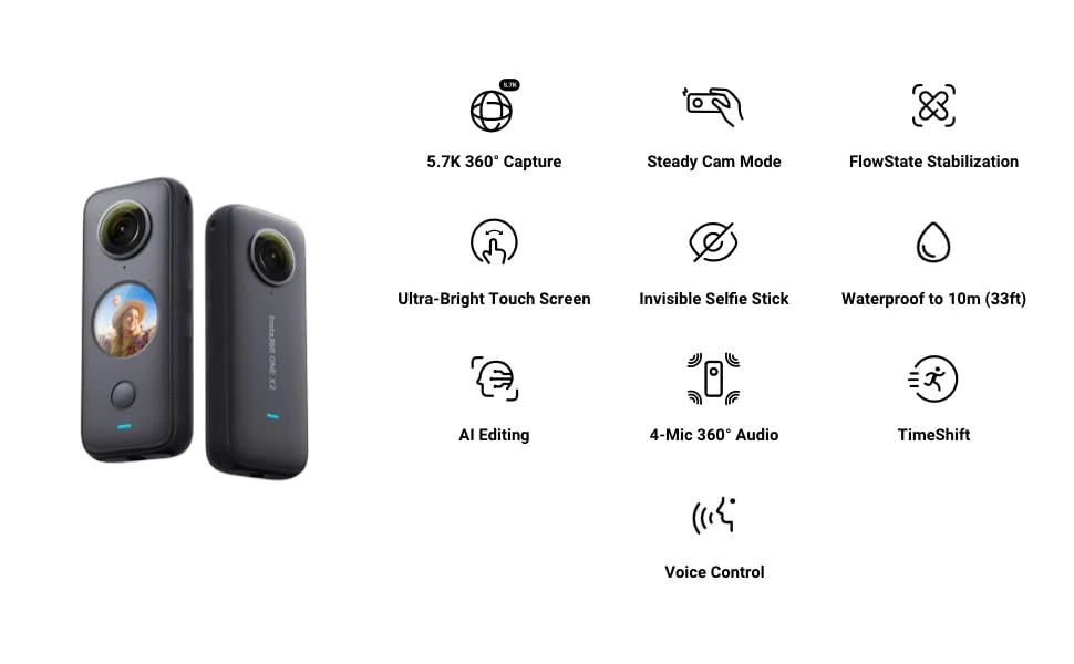insta360 ONE X2 360 Degree Waterproof Action Camera, 5.7K 360, Stabilization, Touch Screen, AI Editing, Live Streaming, Webcam, Voice Control - ONE X2