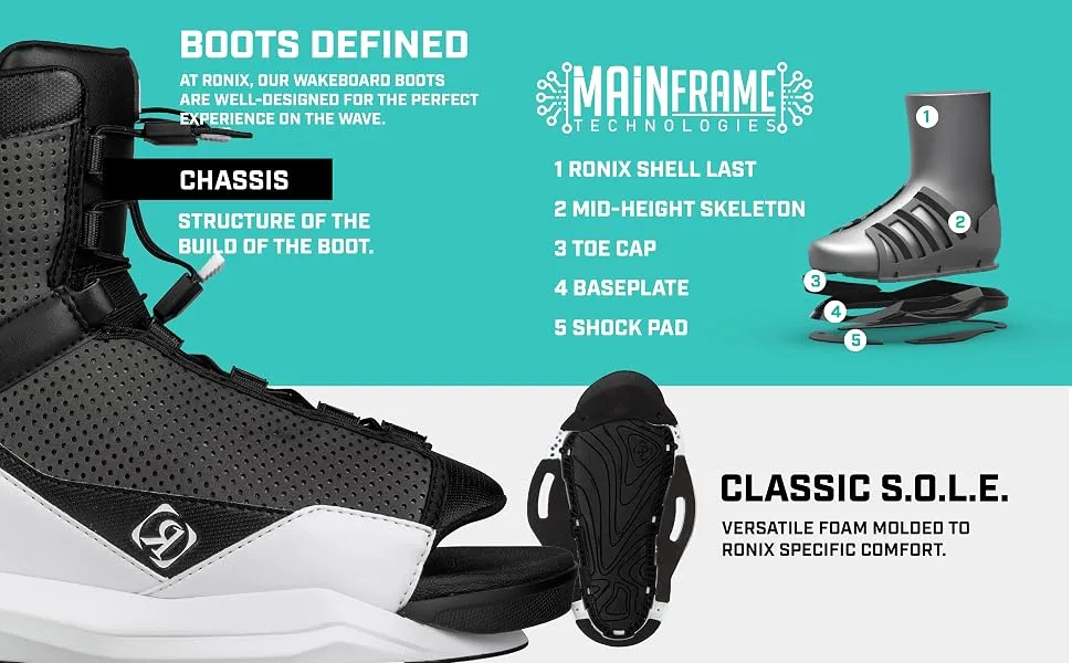 Ronix District Stage 2 Wakeboard Boots 7.5-11.5 White/Black - Ronix Wakeboard Boots Mainframe