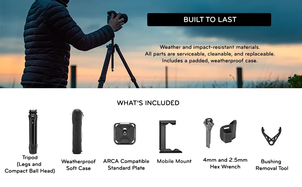 Peak Design Travel Tripod (5 Section Aluminum Camera Tripod) Single - Whats included