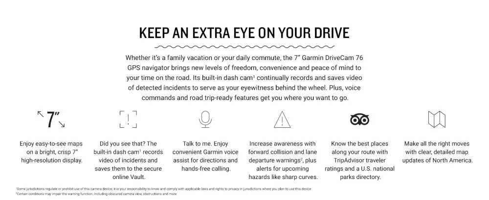 Garmin DriveCam 76, Large, Easy-to-Read 7 GPS car Navigator, Built-in Dash Cam, Automatic Incident Detection, High-Resolution Birdseye Satellite Imagery 7" with Camera Navigator - Garmin DriveCam 76