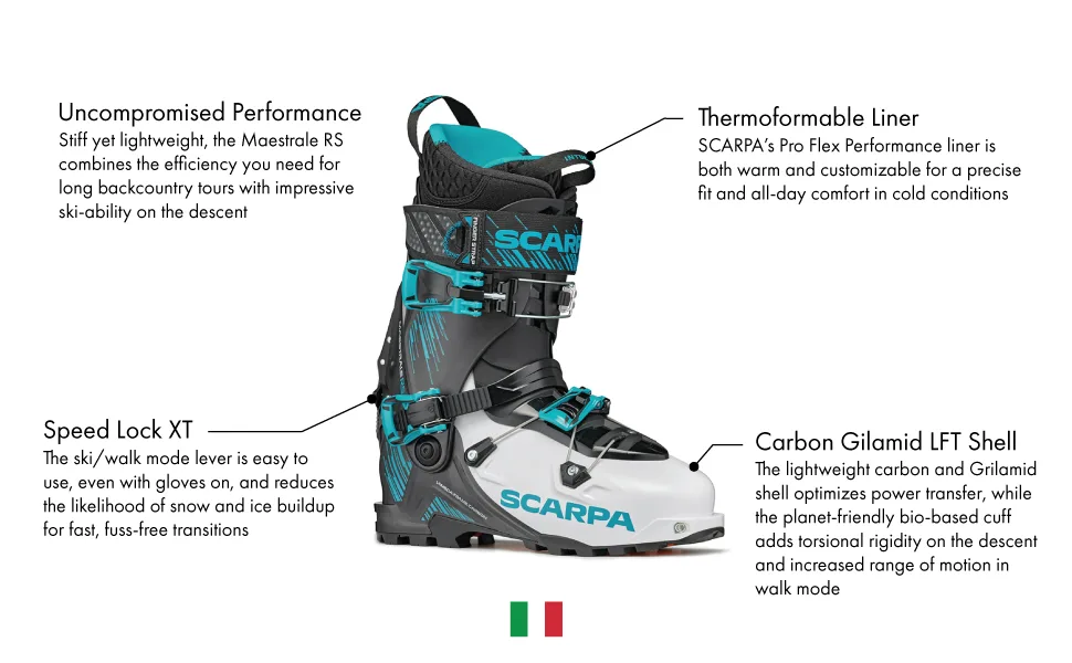 SCARPA Men's Maestrale RS Alpine Touring Ski Boots for Backcountry and Downhill Skiing White/Black/Azure 25.5 - MAESTRALE RS