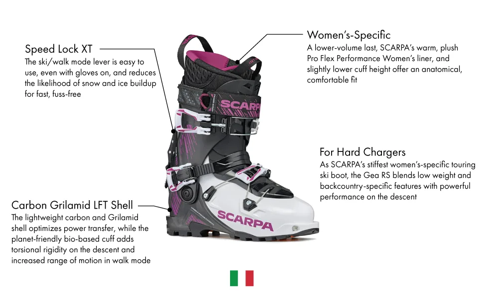 SCARPA Women's GEA RS Alpine Touring Ski Boots for Backcountry and Downhill Skiing White/Black/Rouge 23.5 - GEA RS