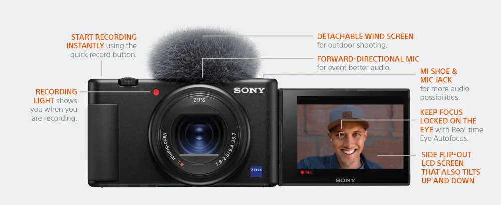 Sony ZV-1 Digital Camera for Content Creators, Vlogging and YouTube with Flip Screen, Built-in Microphone, 4K HDR Video, Touchscreen Display, Live Video Streaming, Webcam, Compact Camera only White - Built to Vlog