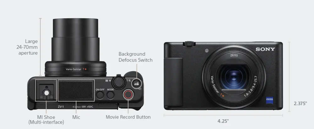 Sony ZV-1 Digital Camera for Content Creators, Vlogging and YouTube with Flip Screen, Built-in Microphone, 4K HDR Video, Touchscreen Display, Live Video Streaming, Webcam, Compact Camera only White - Buttons and call outs