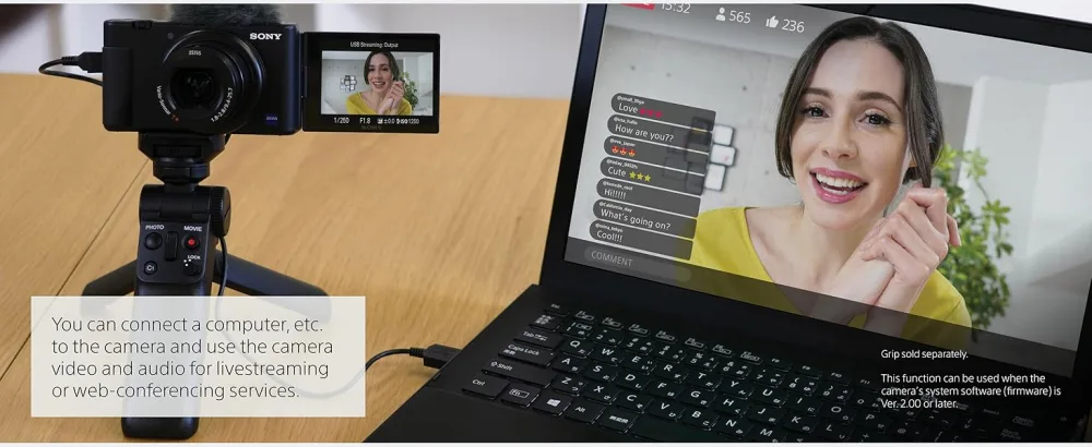Sony ZV-1 Digital Camera for Content Creators, Vlogging and YouTube with Flip Screen, Built-in Microphone, 4K HDR Video, Touchscreen Display, Live Video Streaming, Webcam, Compact Camera only White - Use the camera video and audio for livestreaming or web-conferencing services.